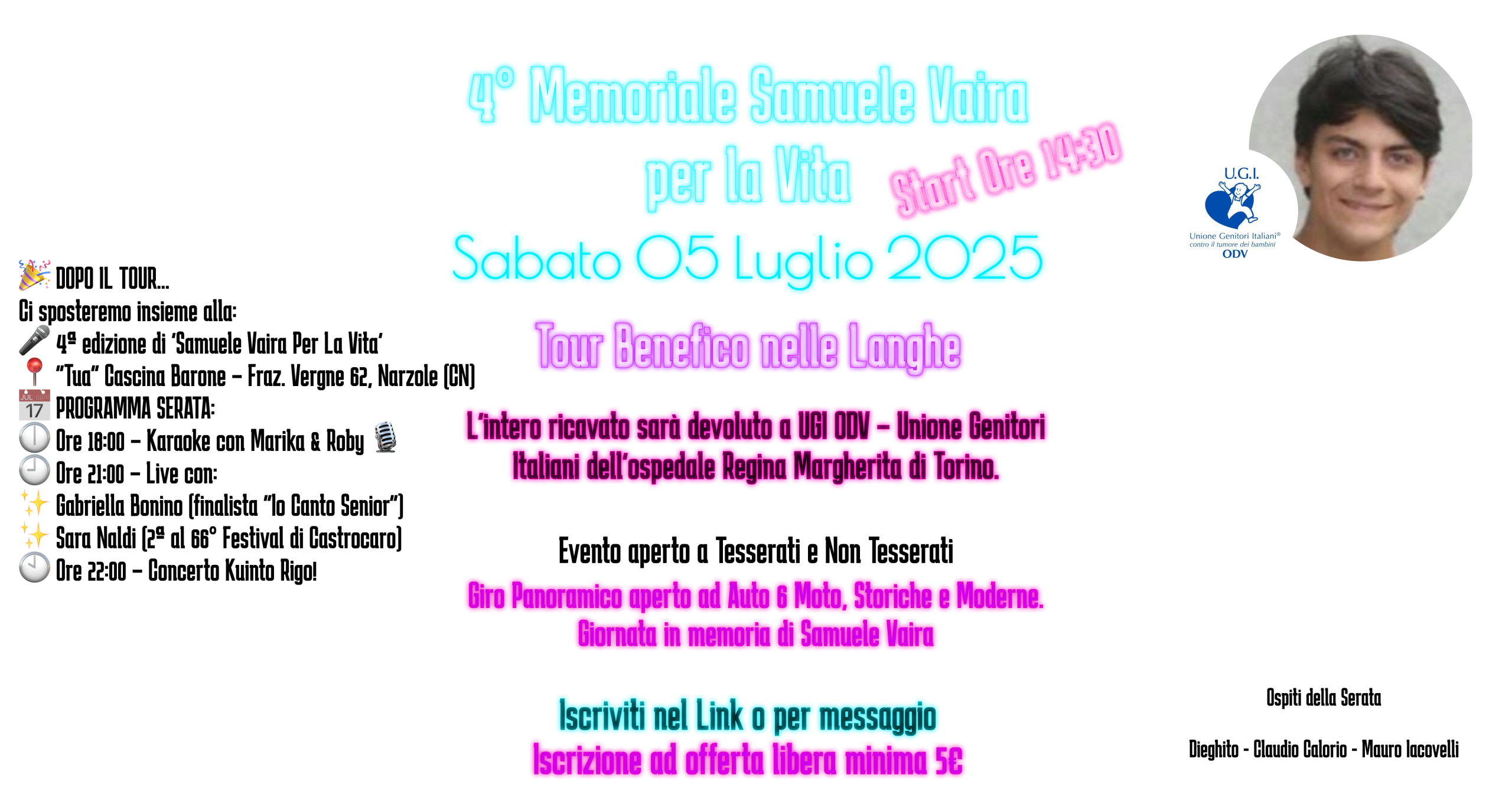 Banner del 4° Memoriale Samuele Vaira per la Vita, sabato 5 luglio 2025, tour benefico nelle Langhe